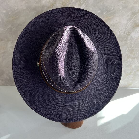 Freya Wide Brim Fedora Women's L Gazania Hat 100% Straw Purple Leather Band - Picture 2 of 16